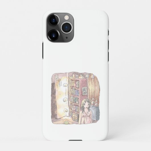 さなくむじ 薄暗いお部屋で本棚のそばに浮いているぼんやり光る物体と女性のイラスト iPhone HOESJE (Achterkant)