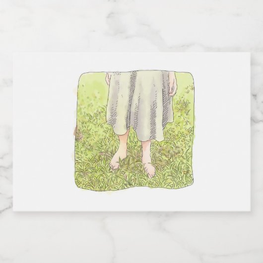 さなごれじ  春の広い緑の草原に素足で立つワンピースの女性の足元 SPARKLING WIJNETIKET (Enkel label)