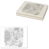 さなささじ  部屋の階段わきで屈んでたくさん落ちているゴミを拾う女性のイラスト 	RUBBERSTEMPEL (Gestempeld)