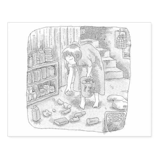 さなささじ  部屋の階段わきで屈んでたくさん落ちているゴミを拾う女性のイラスト 	RUBBERSTEMPEL (Afrduk)