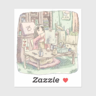 さなししじ　部屋で茶色い机の前に座って書き上げた紙を持っている女性のイラスト STICKER