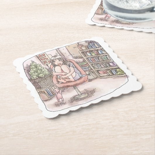 さなにくじ  本棚のある部屋、赤い椅子の上に座って身体を丸める女性のイラスト KARTONNEN ONDERZETTERS (Gebogen)
