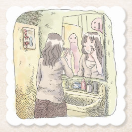 さなにしじ　黄色い洗面所で鏡に映る自分を見ながらメイク道具を使う女性のイラスト KARTONNEN ONDERZETTERS