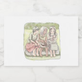 さなにやじ 野外で、椅子に座って仲良くしている三人の裸足の女の子のイラスト VOEDSELCONTAINER ETIKET (Enkel label)