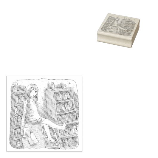 さなやくじ 水色のお部屋で、たくさんある本棚の一つの上に座っている素足の女性のイラスト 	RUBBERSTEMPEL (Gestempeld)