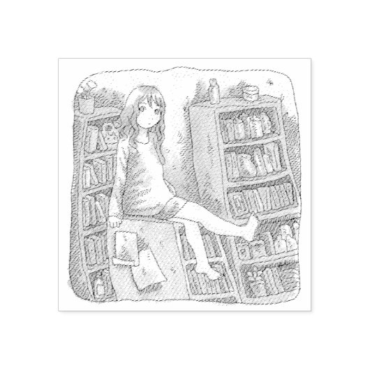 さなやくじ 水色のお部屋で、たくさんある本棚の一つの上に座っている素足の女性のイラスト 	RUBBERSTEMPEL (Afrduk)