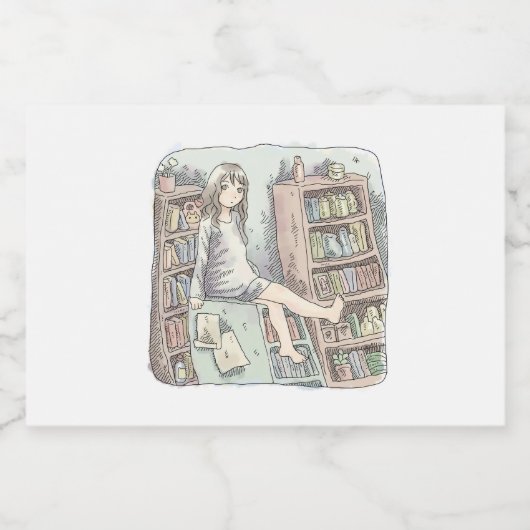 さなやくじ　水色のお部屋で、たくさんある本棚の一つの上に座っている素足の女性のイラスト SPARKLING WIJNETIKET (Enkel label)