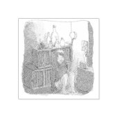 さなやにじ 薄明るい水色のお部屋の本棚のそばで座る素足の女性のイラスト RUBBERSTEMPEL (Afrduk)