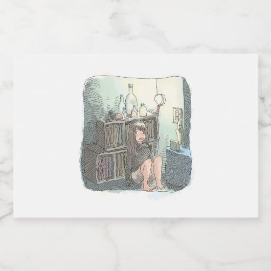 さなやにじ 薄明るい水色のお部屋の本棚のそばで座る素足の女性のイラスト SPARKLING WIJNETIKET (Enkel label)