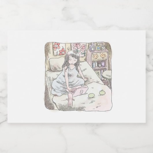 さなれなじ　寝室の壁際のベッドの上で、胡坐をかいてノートパソコンを使う女性のイラスト SPARKLING WIJNETIKET (Enkel label)