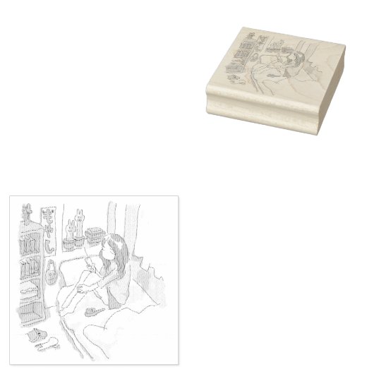 さにれれじ 水色の寝室でベッドに腰掛けてしょんぼりしている女性 RUBBERSTEMPEL (Gestempeld)