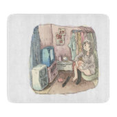 さやしくじ　衣類のかけてある部屋の座椅子に座ってテレビを見ながら靴下をはいている女性のイラスト SNIJPLANK (Voorkant)