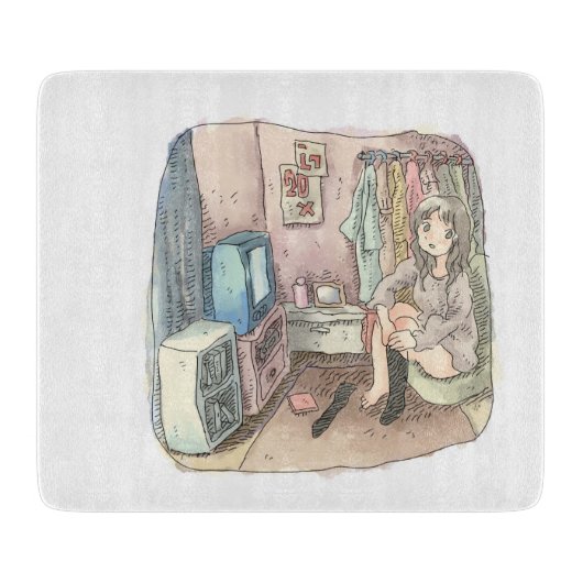 さやしくじ 衣類のかけてある部屋の座椅子に座ってテレビを見ながら靴下をはいている女性のイラスト SNIJPLANK (Voorkant)