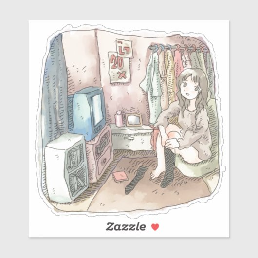 さやしくじ 衣類のかけてある部屋の座椅子に座ってテレビを見ながら靴下をはいている女性のイラスト STICKER (Vel)