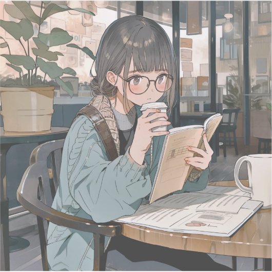 カフェで勉強するJKシール｜寿司娘 GenerativeAI Sticker (Voorkant)