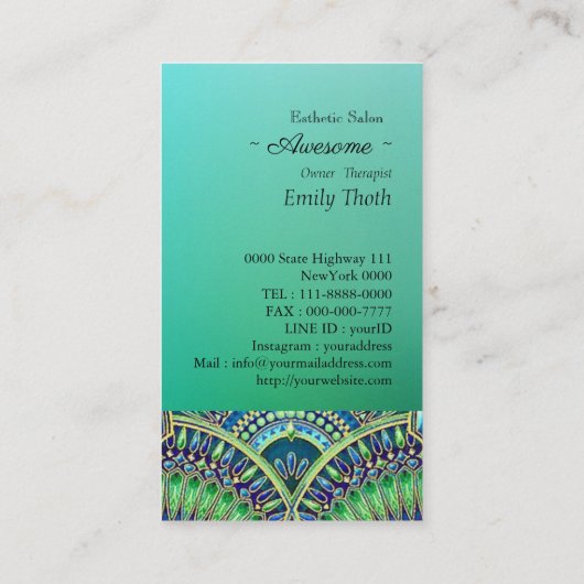 キレイな青と緑 孔雀デザイン VISITEKAARTJE (Achterkant)