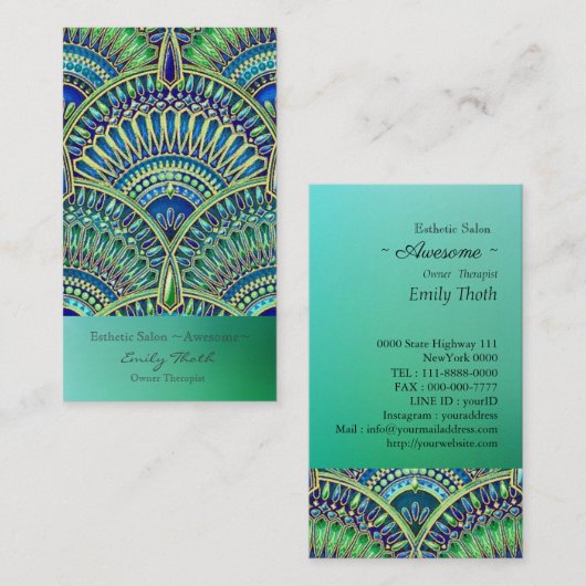 キレイな青と緑 孔雀デザイン VISITEKAARTJE (Voorkant / Achterkant)