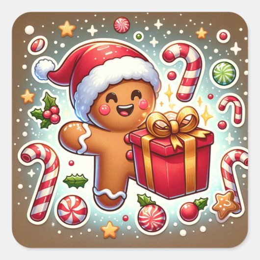 クリスマスプレゼントとジンジャーブレッドマン VIERKANTE STICKER (Voorkant)