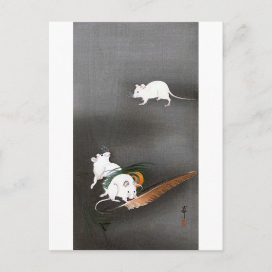 ネ ミ 羽, 古 邨 Mouse en Feather, Ohara Koson Briefkaart (Voorkant)