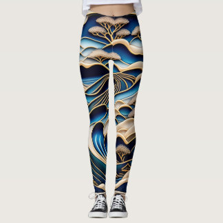 ビンテージな日本の浮世絵北斎イズムとローファイアートが融合した着物柄のレギンス LEGGINGS