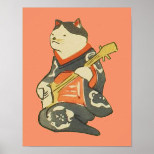 三 味 く 猫, bij Guitar, Kuniyoshi, Ukiyoe Poster