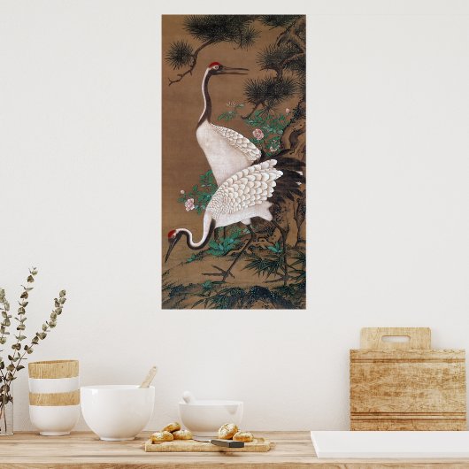 双 鶴 図, 渡 石 辺 Cranes, Watanabe Shuseki Poster (Keuken)