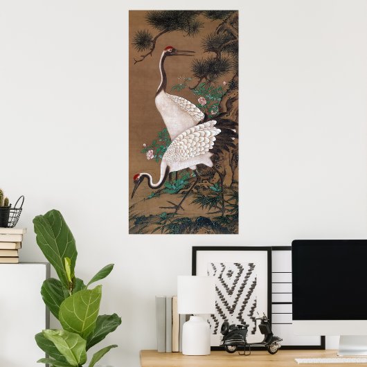 双 鶴 図, 渡 石 辺 Cranes, Watanabe Shuseki Poster (Thuiskantoor)
