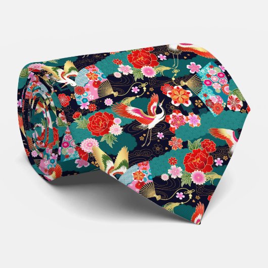 和柄、扇子と鶴のシームレス柄ネクタイ STROPDAS (Opgerold)