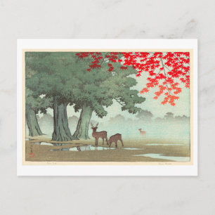 奈 良 園 鹿, Deer of Nara Park, Hasui Kawase, Woodcut Briefkaart