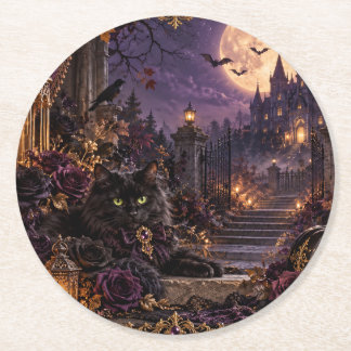 幻想的なゴシックハロウィン 黒猫と満月 ラウンドコースター RONDE KARTONNEN ONDERZETTER