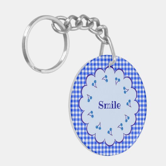 文字 カスタム チェリー×チェック(ブルー) キーホルダー SLEUTELHANGER (Voorkant Links)
