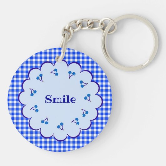 文字 カスタム チェリー×チェック(ブルー) キーホルダー SLEUTELHANGER (Achterkant)