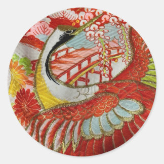 日本の伝統的着物生地シール（鶴赤） RONDE STICKER