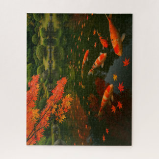 日本庭園の紅葉と錦鯉の静寂な水面 / Tranquil Pond with Koi and Autu Legpuzzel
