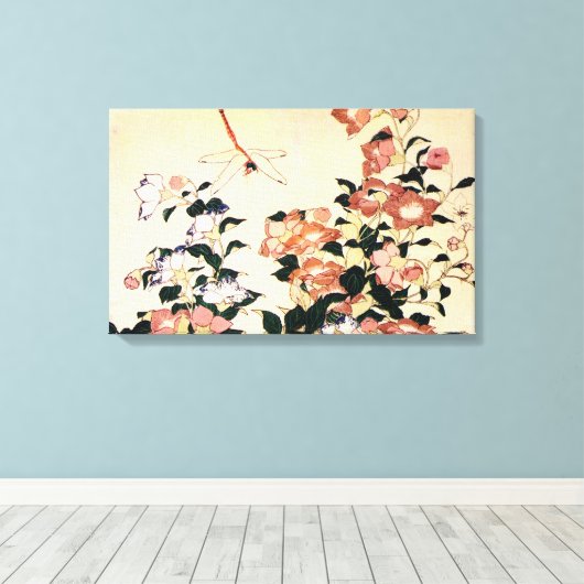 桔梗, 北斎 Bellflower en Dragonfly, Hokusai, Ukiyo-e Canvas Afdruk (Insitu (Houten vloer))