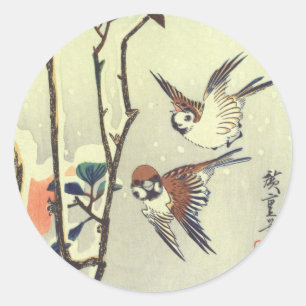 椿 雀, 広 Camellia en Sparrow, Hiroshige, Ukiyo-e Ronde Sticker