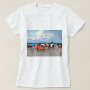 沼 崎 場, paarden, Hiroshi Yoshida, Woodcut T-shirt