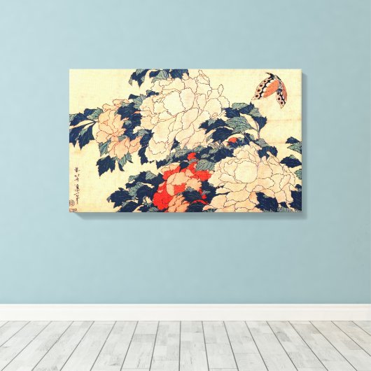 牡 と, 北 en Butterfly, Hokusai, Ukiyo-e Canvas Afdruk (Insitu (Houten vloer))