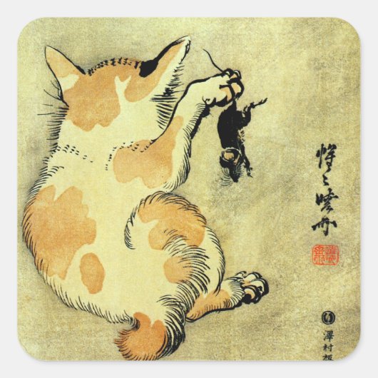 猫 と 鼠, 暁 斎 Cat en Mouse, Kyōsai, Ukiyo-e Vierkante Sticker (Voorkant)