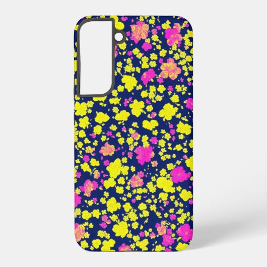 紺地に黄色とピンクの花模様 和風 着物柄 SAMSUNG GALAXY HOESJE (Achterkant)