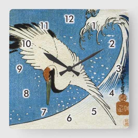 鶴 波, Crane & Wave, Hiroshige, Ukiyo-e Vierkante Klok (Voorkant)