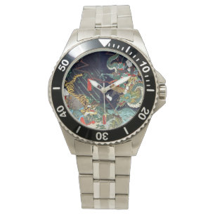 龍 虎, 豊 Dragon & Tiger, Toyokuni, Ukiyo-e Horloge