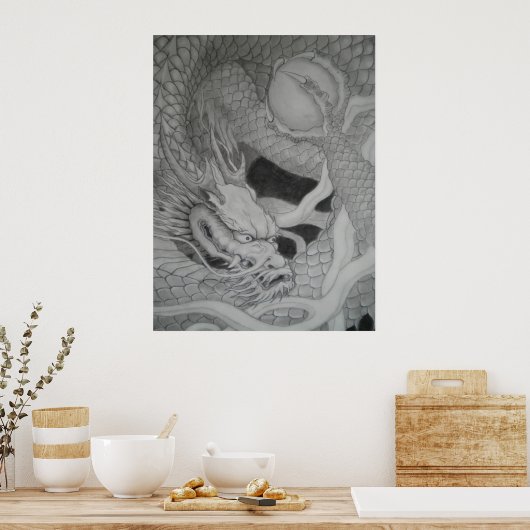 龍 dragon 水墨画 降り白龍 poster (Keuken)
