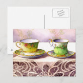 0001 Teacups on Lace Greeting Carte postale (Devant / Derrière)