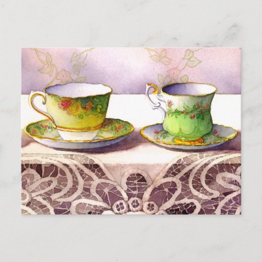 0001 Teacups on Lace Greeting Carte postale (Devant)