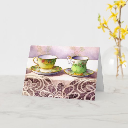 0001 Teacups op een zgn. "Lace Birthday Card" Kaart (Gele Bloem)