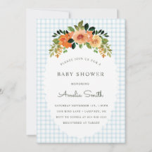 001 Sky Blue Floral Gingham Baby Shower Invitation