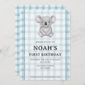 001 Sky Blue Plaid Koala 1st Birthday Invitation (Devant / Derrière)