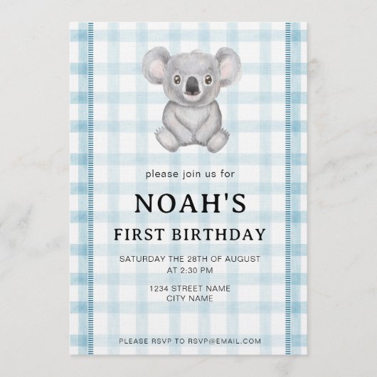 001 Sky Blue Plaid Koala 1st Birthday Invitation (Devant)