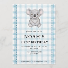 001 Sky Blue Plaid Koala 1st Birthday Invitation Kaart